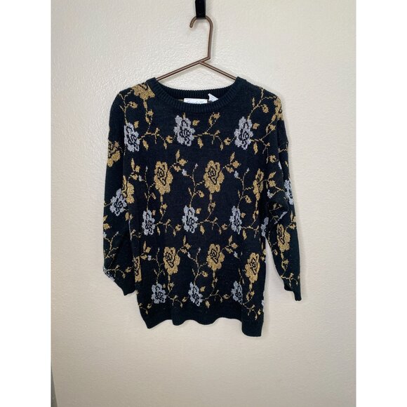 Vintage Margales Plus Floral Knit Sweater Women’s 42 Black Gold Silver Metallic - Picture 1 of 7